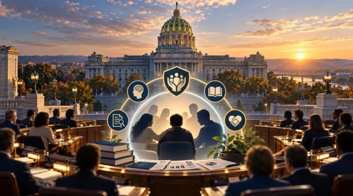 Illustration of Pennsylvania lawmakers surrounding a protected problem-gambling support forum