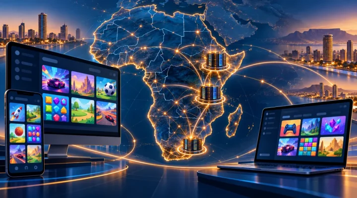 Interfaces de juegos digitales sin marca conectadas sobre un mapa estilizado de Africa