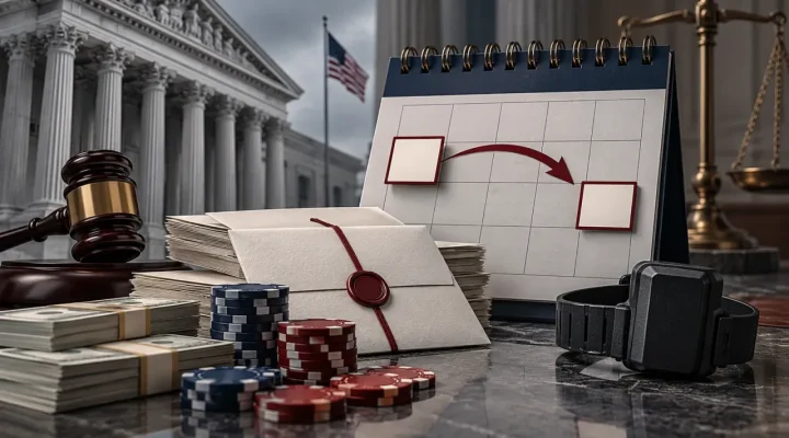 Generated courthouse illustration with a blank calendar date moved later beside sealed files, poker chips and a home-confinement monitor