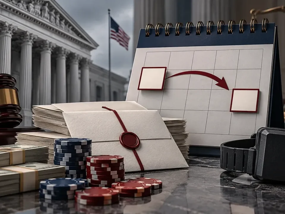 Generated courthouse illustration with a blank calendar date moved later beside sealed files, poker chips and a home-confinement monitor