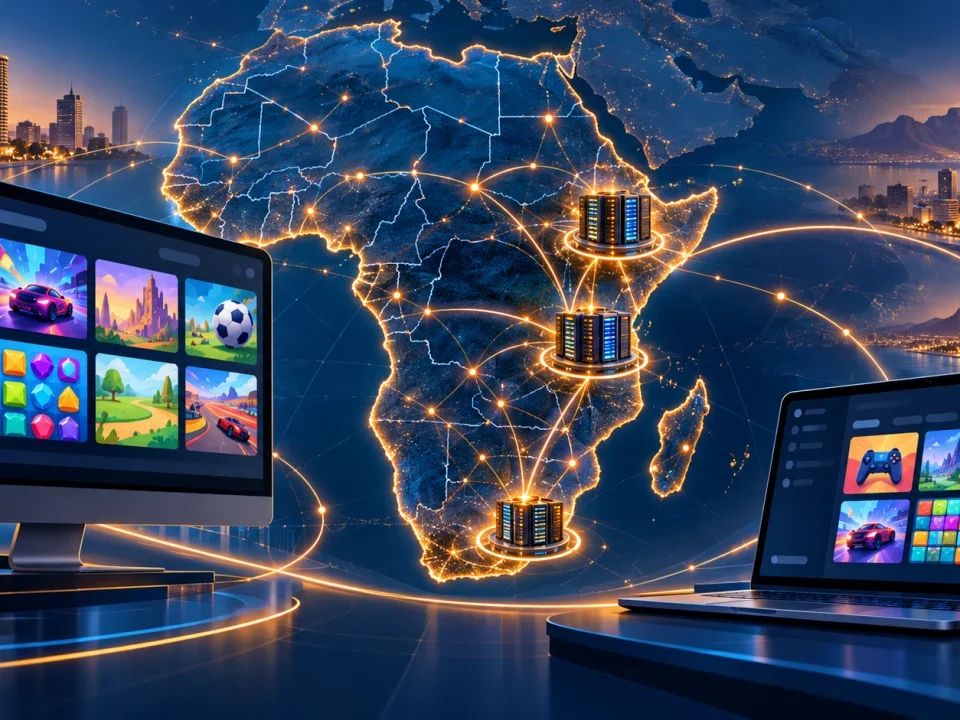Unbranded digital game interfaces connected across a stylized map of Africa