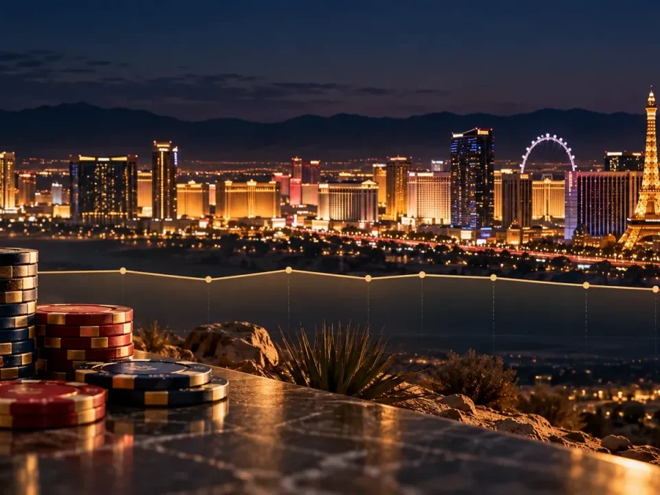 Generated illustration of the Las Vegas skyline, casino chips and a nearly flat revenue line