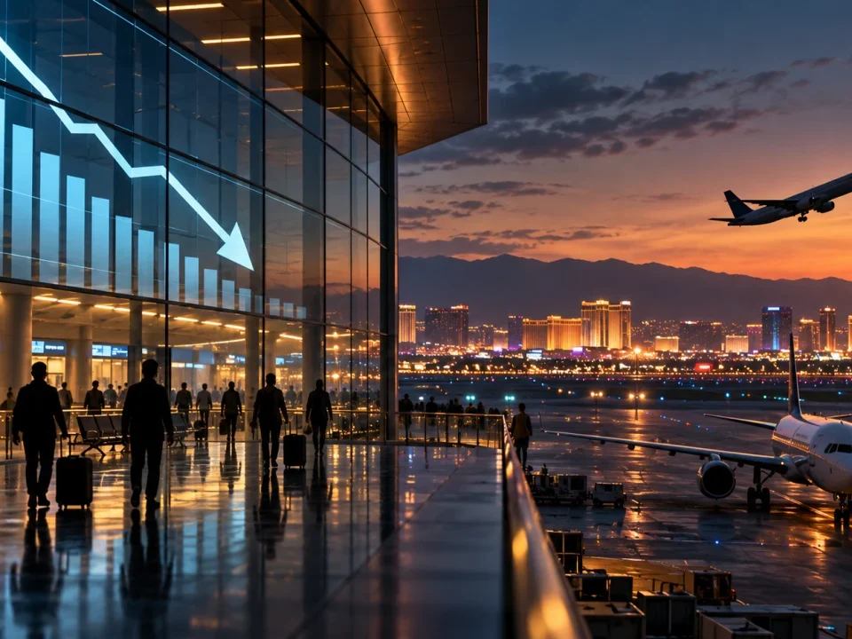 Terminal de aeropuerto junto a un gráfico descendente de pasajeros y luces urbanas