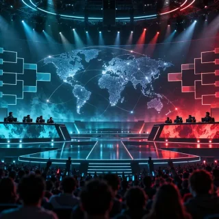 Generated illustration of two esports teams competing in a global tournament arena