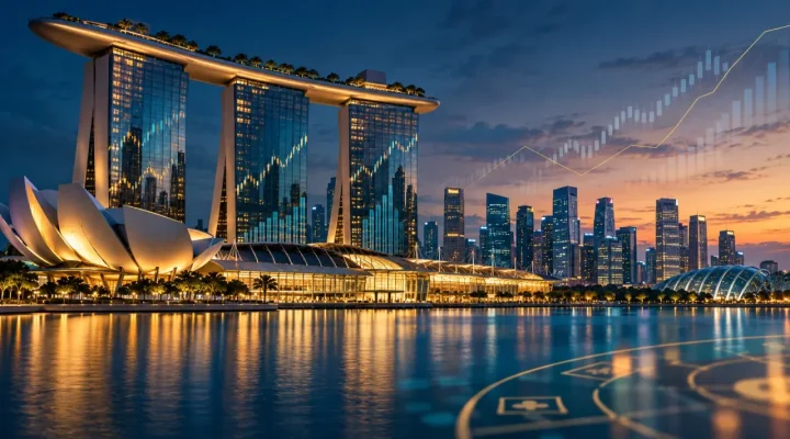 Conceptual Singapore waterfront resort skyline with financial chart overlays