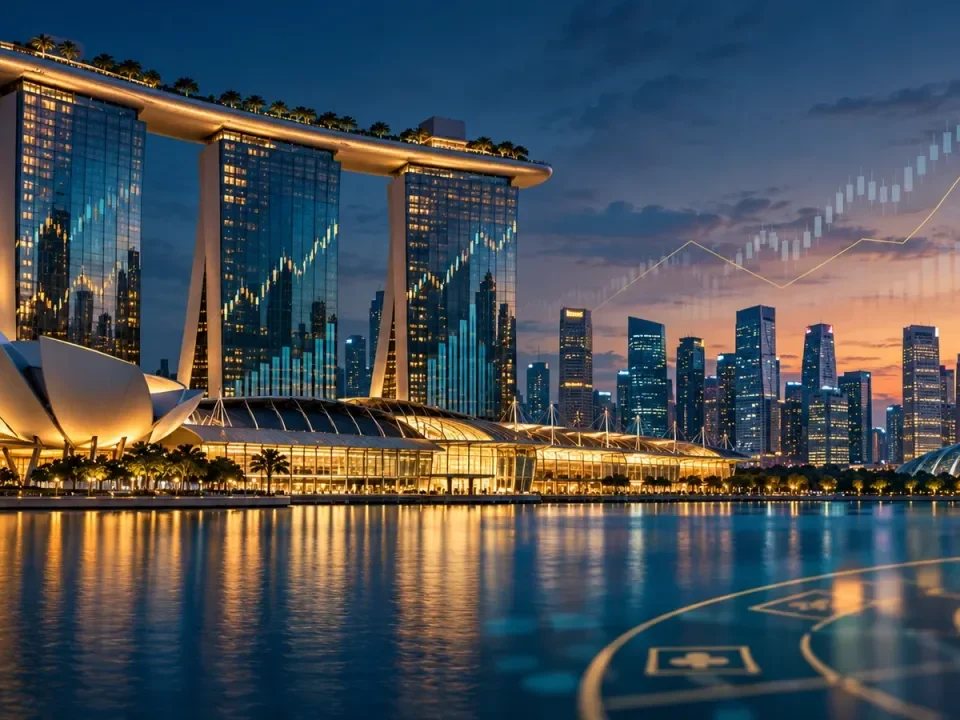 Conceptual Singapore waterfront resort skyline with financial chart overlays