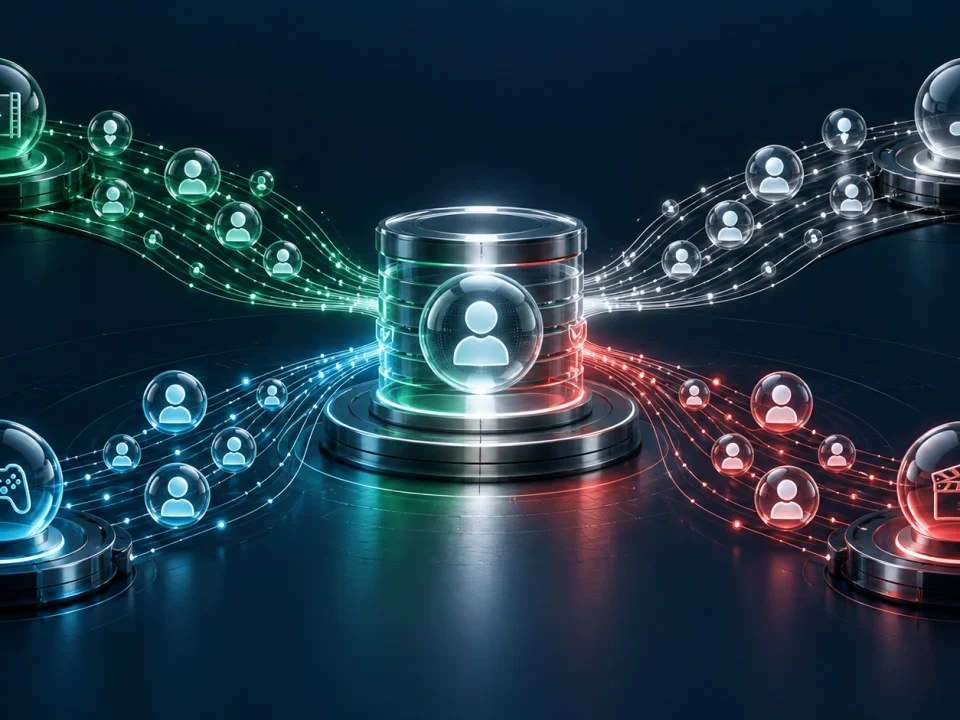 Abstract customer data streams converging on a secure central CRM hub