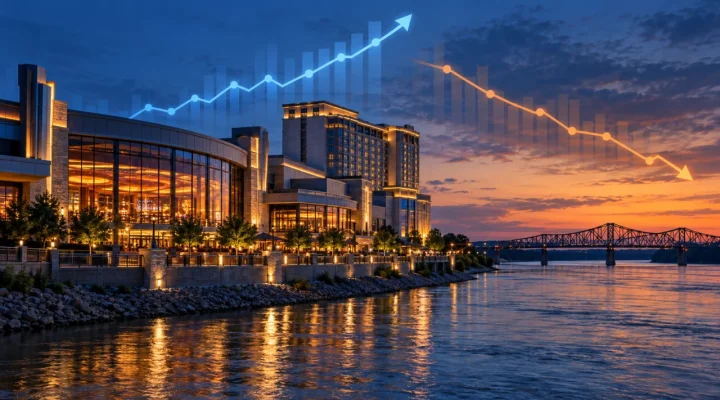 Unbranded Missouri riverfront casino with contrasting revenue trend lines above it