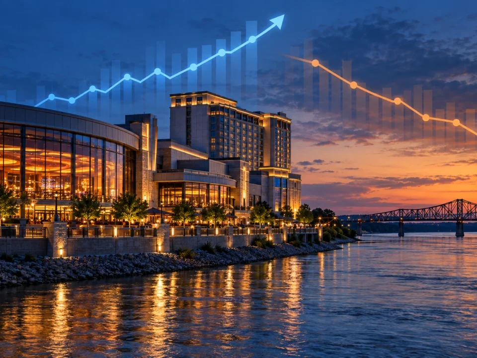 Unbranded Missouri riverfront casino with contrasting revenue trend lines above it