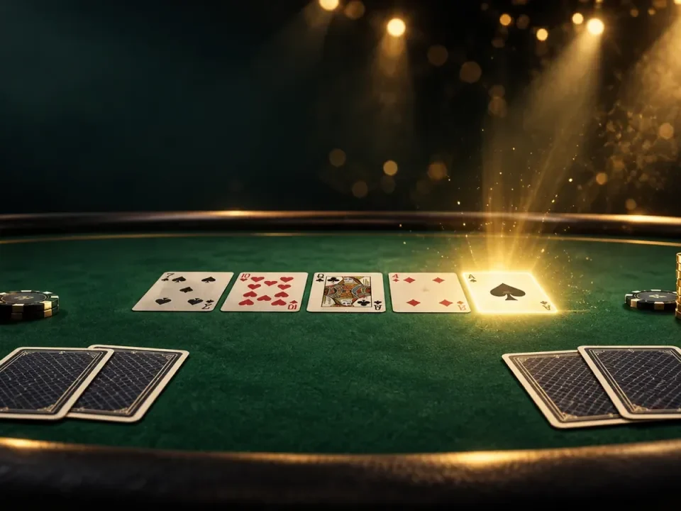 Mesa de póker mano a mano ilustrada con una carta del river iluminada y fichas de torneo