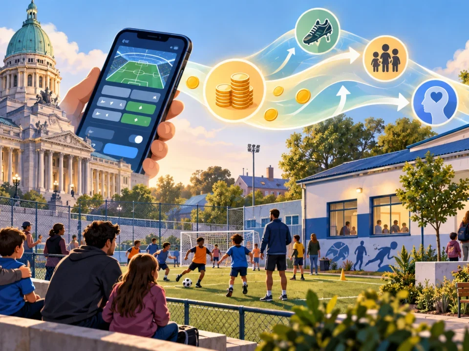 Illustration of a Buenos Aires community sports club beside a generic online betting control screen