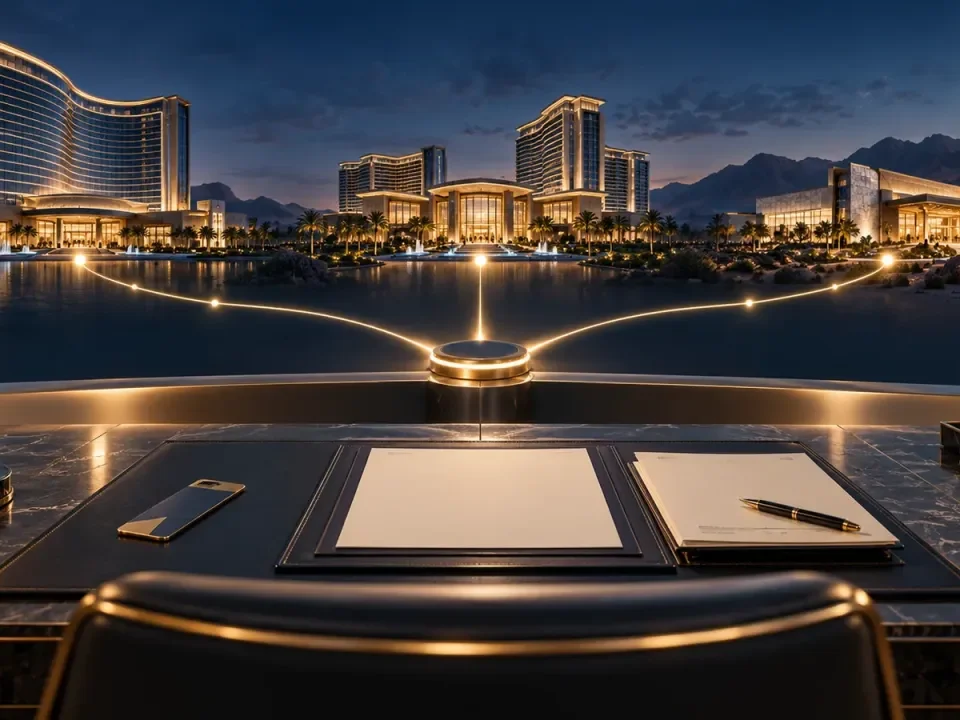 Illustration of an operations desk linked to three anonymous casino resorts