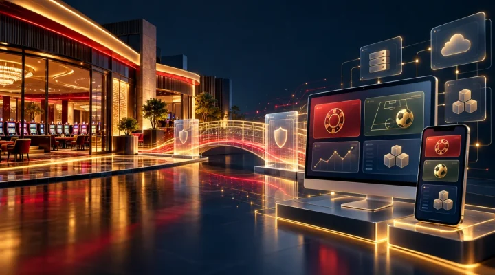 Salon de juego fisico conectado por un puente digital seguro con modulos de casino y apuestas en linea