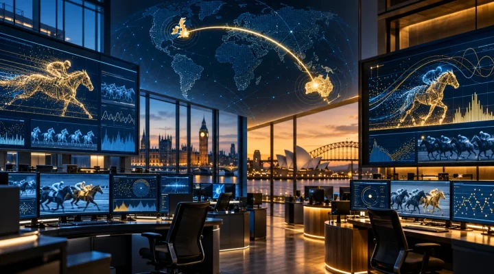 Unbranded horse-racing data screens connecting operations in London and Sydney