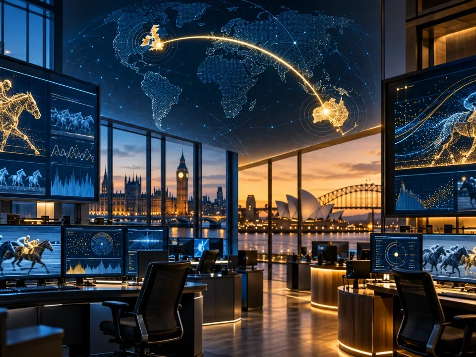 Unbranded horse-racing data screens connecting operations in London and Sydney