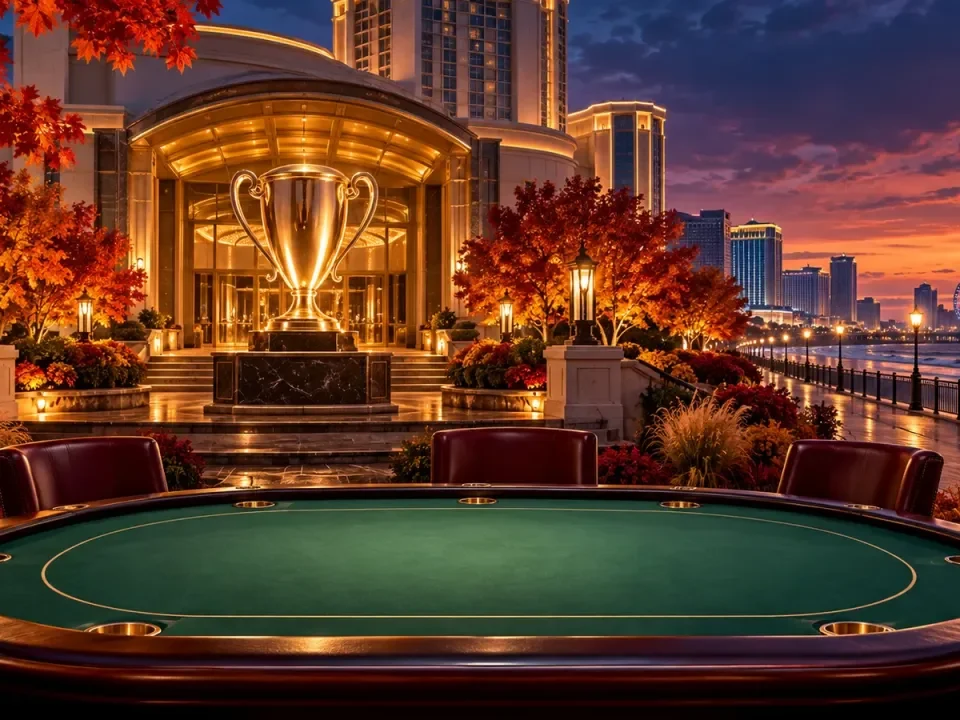 Mesa de póker y trofeo otoñales ante un complejo genérico de Atlantic City al anochecer