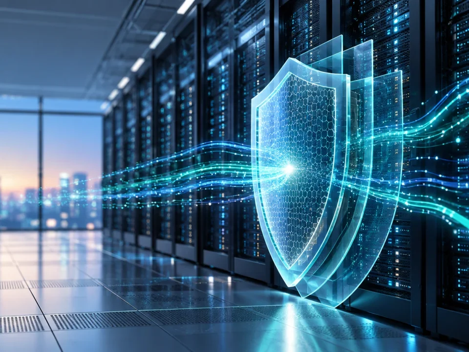 Data center racks protected by a translucent digital shield with network traffic flowing through it