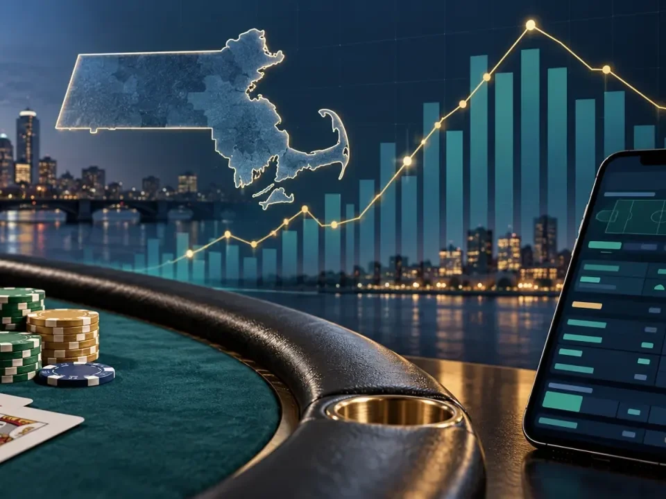 Conceptual Massachusetts gaming revenue dashboard beside casino chips and a mobile sportsbook