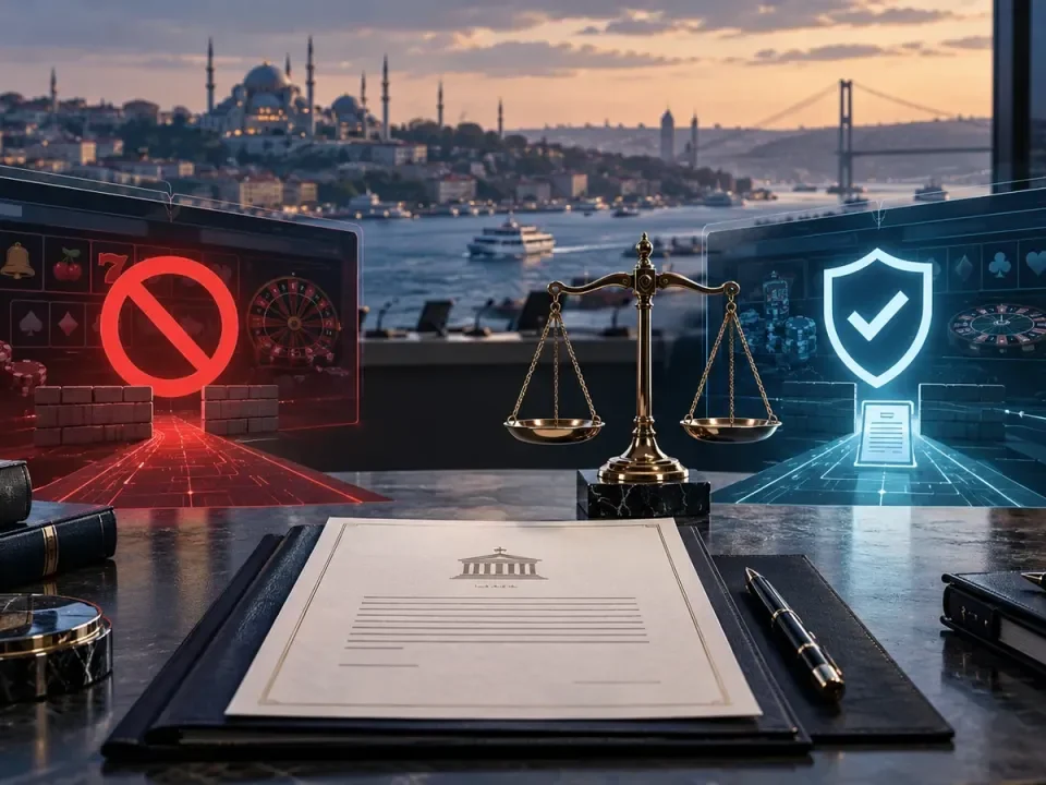 Editorial illustration of a policy choice between blocking and regulating online casino activity