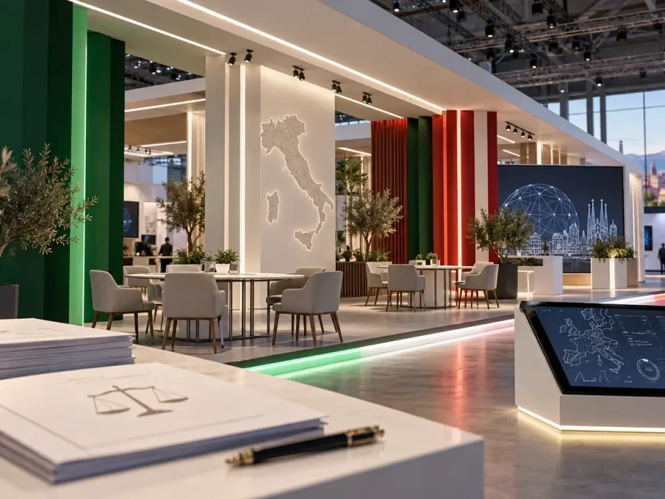Conceptual Italian gaming pavilion inside a modern Barcelona convention hall
