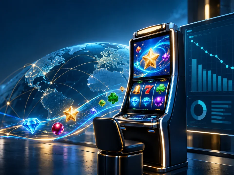 Máquina de juego genérica junto a un panel financiero con menor apalancamiento y perspectiva positiva