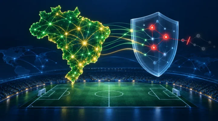 Balón de fútbol junto a una pantalla de vigilancia con colores inspirados en Brasil