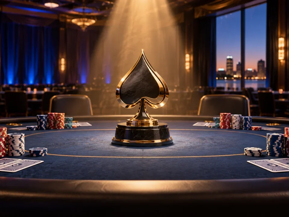 Ilustracion de un trofeo en forma de pica sobre una mesa de poker de campeonato