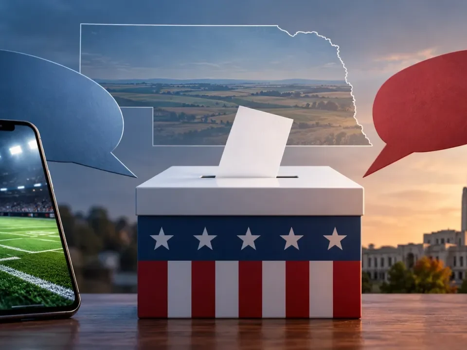 Conceptual Nebraska ballot box beside a mobile sports screen and opposing campaign speech shapes