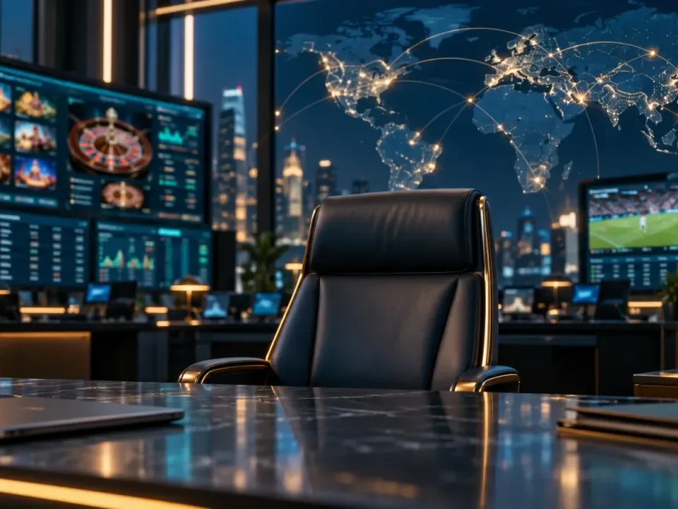 Una silla ejecutiva vacía en una sala de operaciones de juego digital con una red mundial