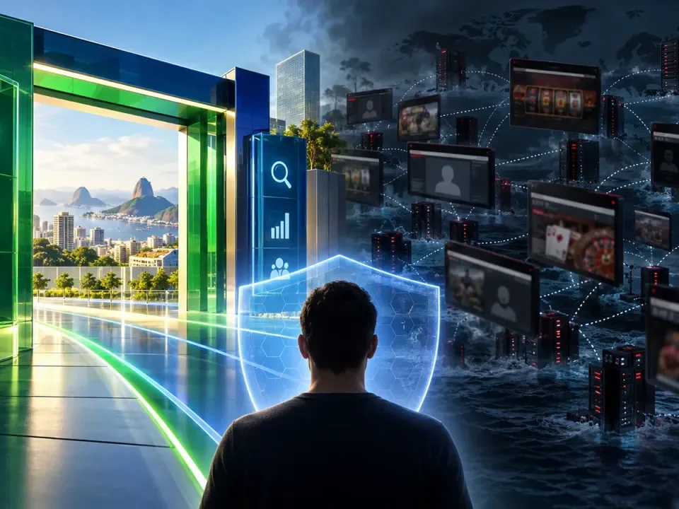 A protected user faces a bright regulated gateway and a dark network of anonymous betting sites