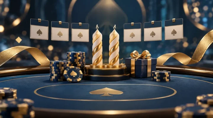 Mesa de póker conceptual con dos velas de aniversario, fichas y una caja de regalo
