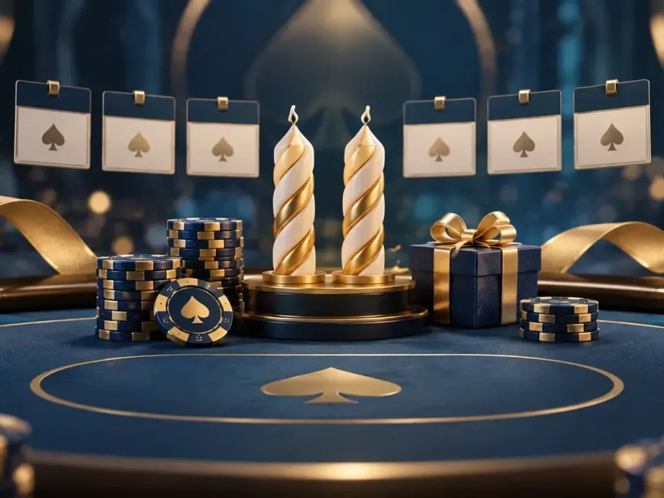 Mesa de póker conceptual con dos velas de aniversario, fichas y una caja de regalo