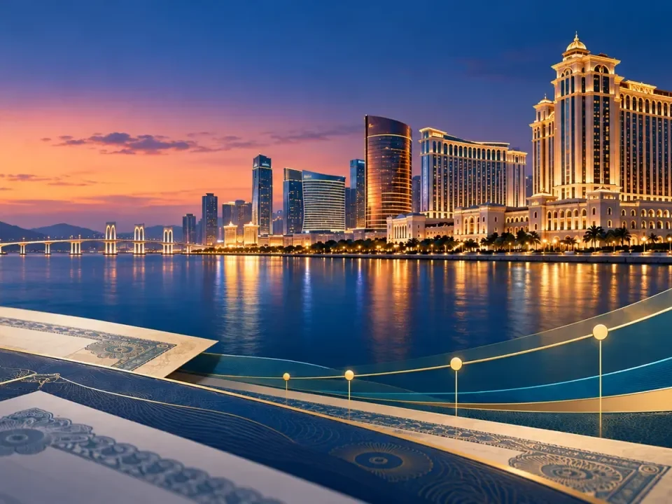 Conceptual Macau resort skyline with abstract bond papers and a financial maturity curve