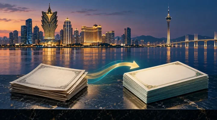 Blank bond documents linked by an arrow against a Macau waterfront skyline