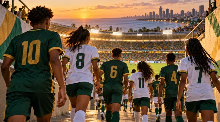 Jóvenes futbolistas comunitarios entrando a un estadio al atardecer