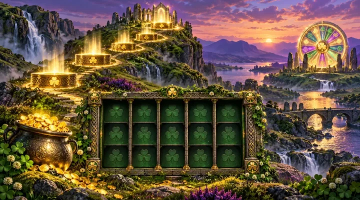 Paisaje conceptual de tragamonedas de fantasía irlandesa con cinco niveles dorados y rueda de bonificación
