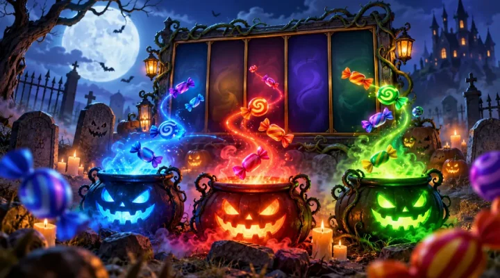 Illustration of three glowing pumpkin pots and candies beside an abstract slot frame