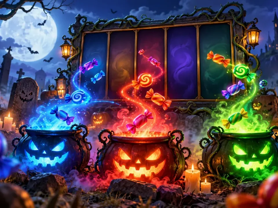 Illustration of three glowing pumpkin pots and candies beside an abstract slot frame