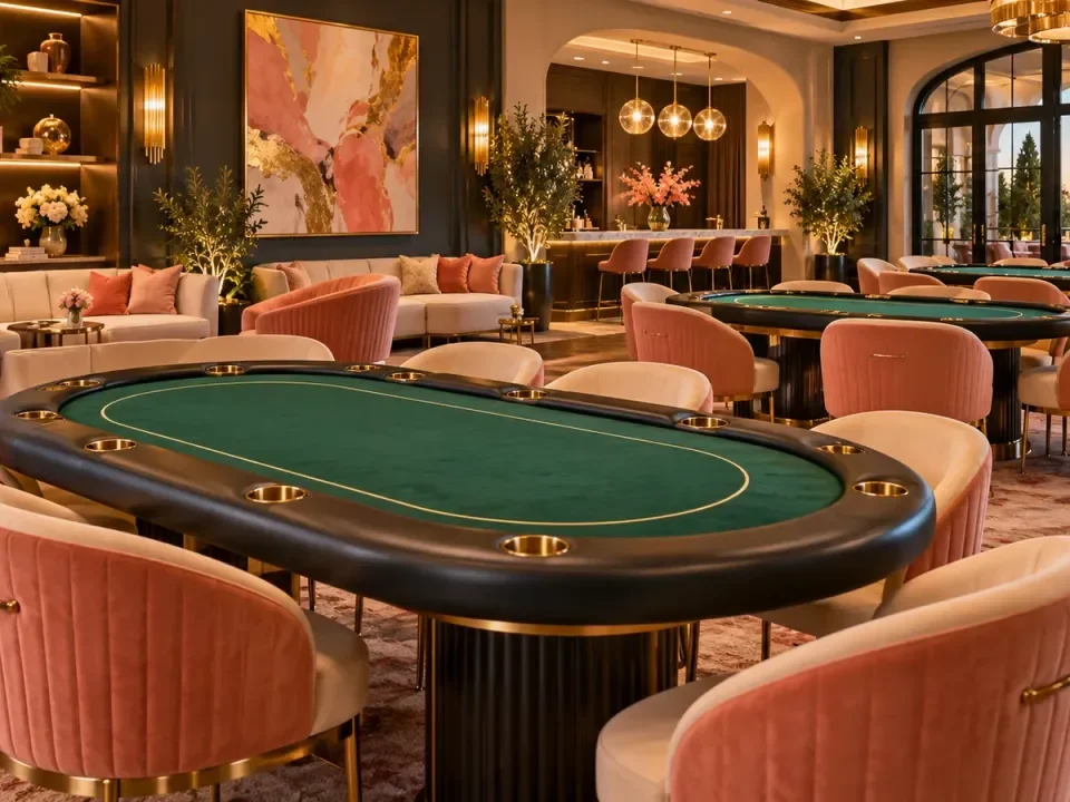 Empty green poker tables in a warm contemporary social lounge