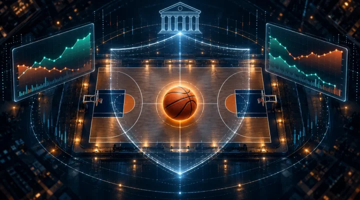 Basketball court protected by a digital shield between two market charts