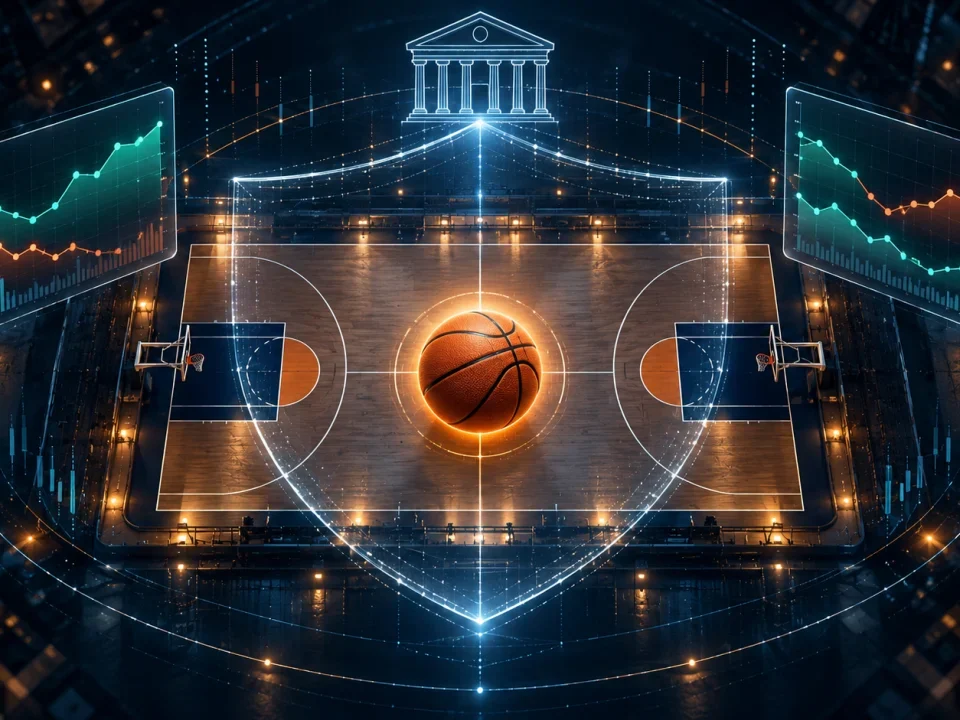 Basketball court protected by a digital shield between two market charts