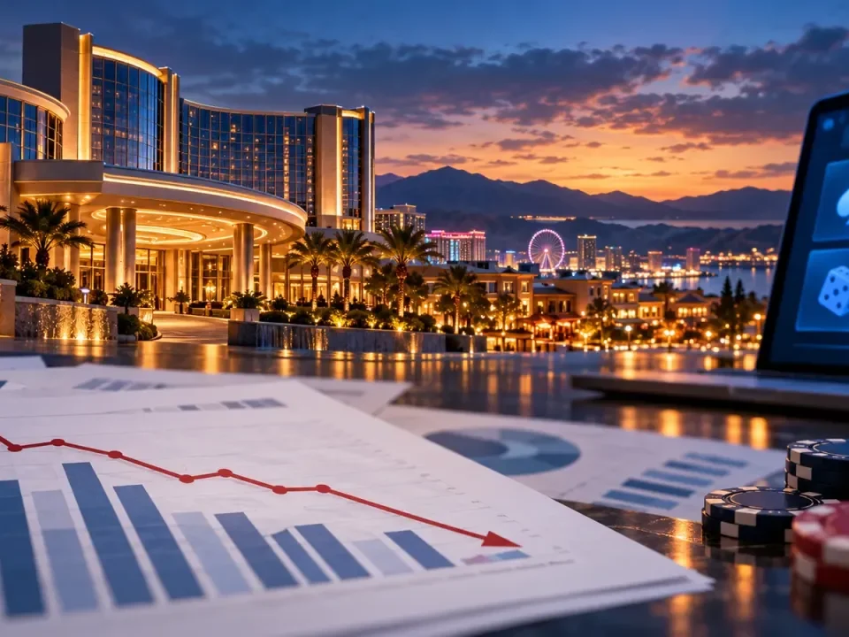 Ilustración de un complejo con casino, un gráfico financiero y una pantalla de juego digital al anochecer