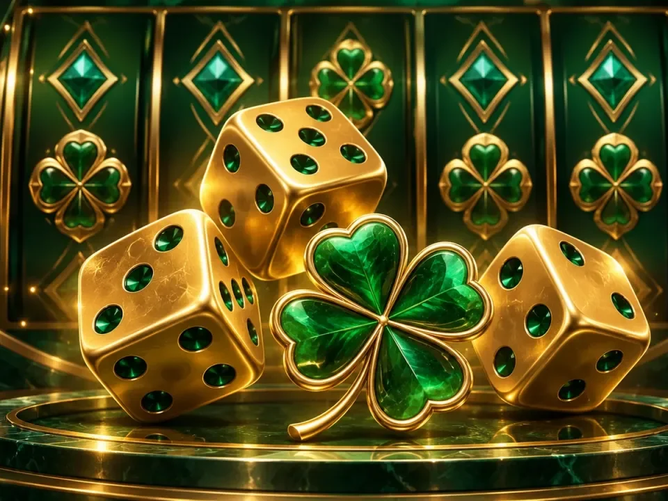 Golden dice and a green four-leaf clover in an abstract reel setting