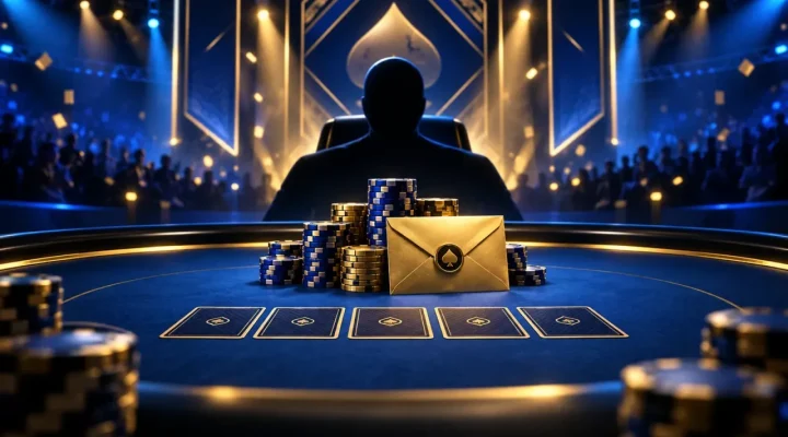Generated illustration of an anonymous online poker champion behind chips and a mystery-bounty envelope