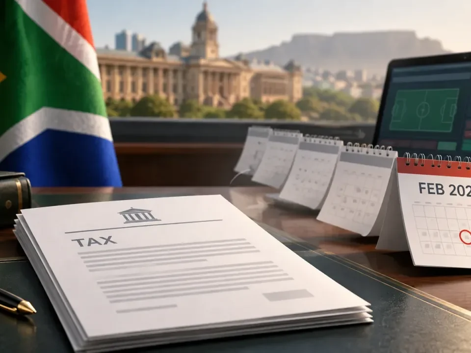Mesa presupuestaria sudafricana conceptual con un calendario que señala febrero de 2027