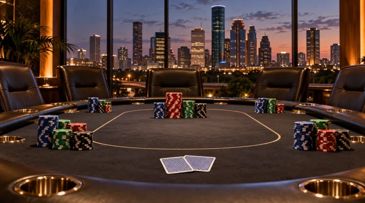 Empty poker final table with generic chips and the Houston skyline at dusk