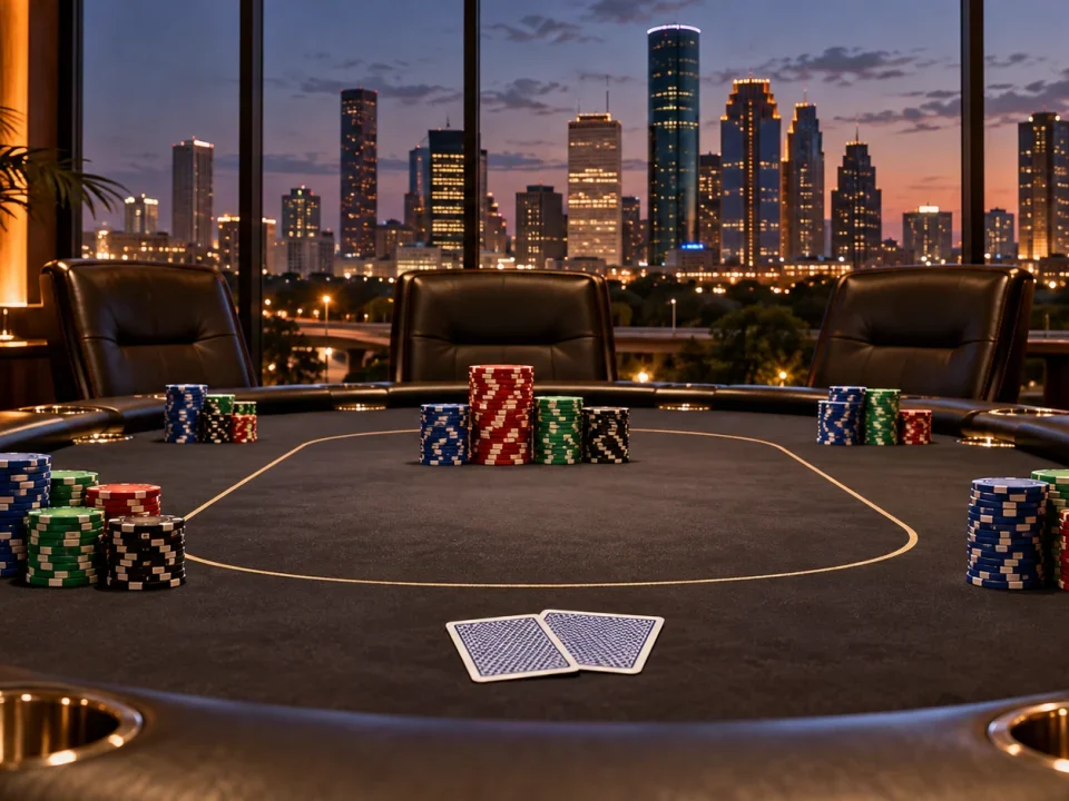 Empty poker final table with generic chips and the Houston skyline at dusk