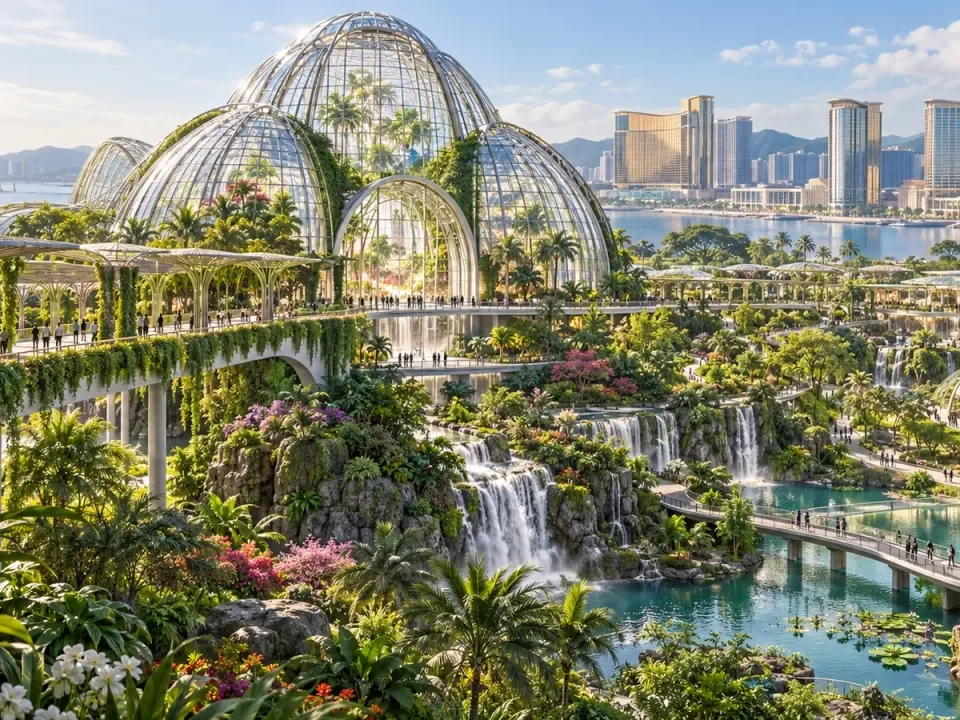 Ilustración conceptual de un invernadero de cristal dentro de un gran jardín botánico en Macao