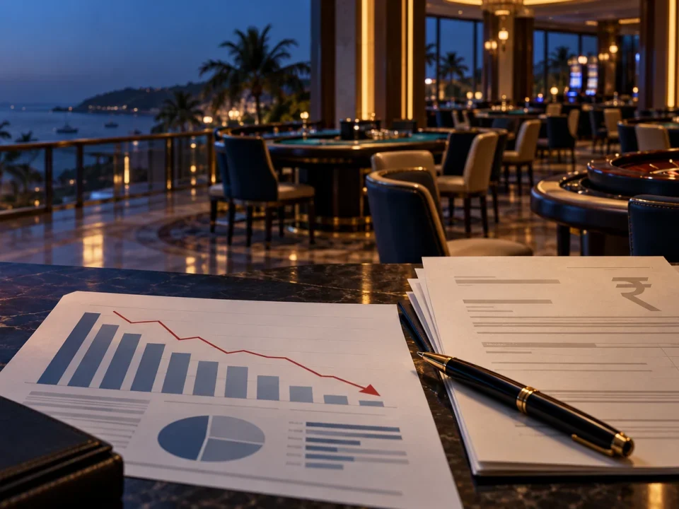Informes financieros con un gráfico descendente frente a una sala de casino genérica en Goa