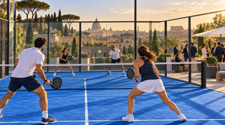 Ilustración de profesionales jugando un partido de pádel por parejas en una pista azul con vistas a Roma